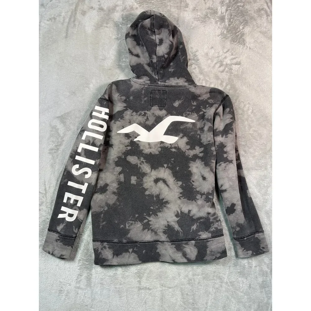 Vtg Hollister Gray Tie Dye Hoodie Small Graphic Sleeve Logo Pullover Y2K